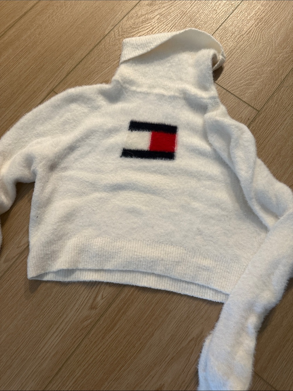 Tommy Hilfiger White Fuzzy Mock Neck Sweater with Navy & Red Logo